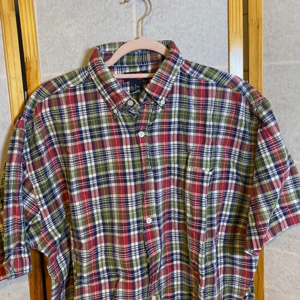 Vintage Red Sky Mens Large Short Sleeve Button Down Shirt Plaid‎ Cotton Red Y2K